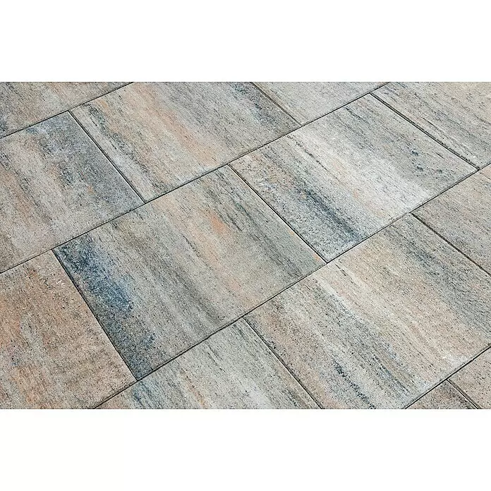 Diephaus Terrassenplatte Vallejo - 60 x 60 x 4 cm, Beton - Mehrfarbige Pflastersteine in Beige und Blau-Grau, die eine texturierte Außenfläche bilden.