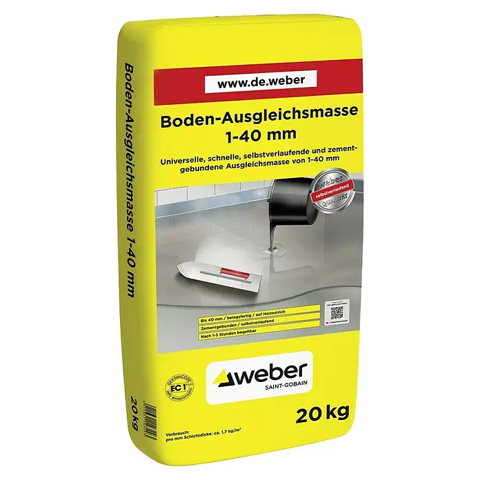 SG Weber Bodenausgleichsmasse - 20 kg, Schichtdicke: 1 mm - 40 mm - Sack Weber Bodenausgleichsmasse 1-40 mm. Universelle, schnelle, selbstverlaufende und zementgebundene Ausgleichsmasse für den Boden.