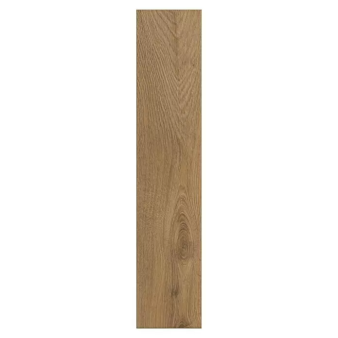 Krono Original Laminat Herringbone - Inca Carpenter Oak, Fischgrät, 630 x 126 x 8 mm - Rechteckige hellbraune Fliese in Holzoptik mit ausgeprägter Maserung.