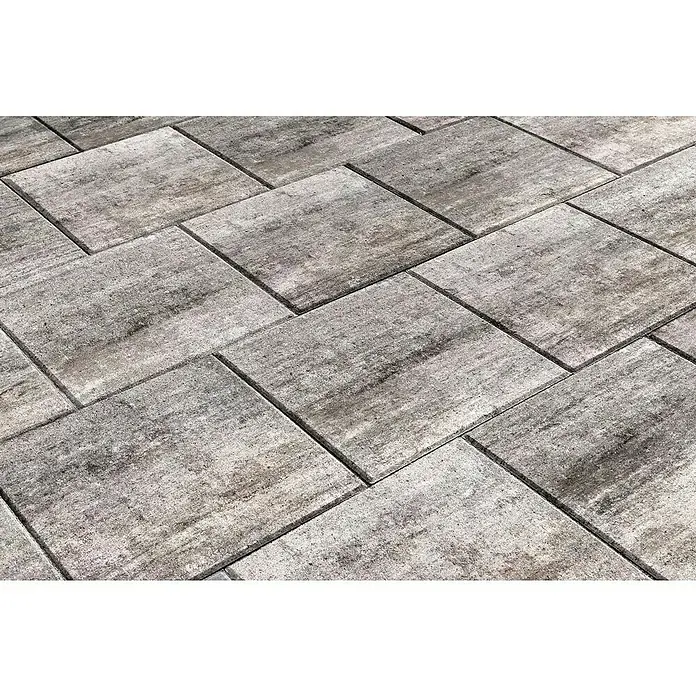 Diephaus Terrassenplatte Amarillo - 30 x 30 x 4 cm, Greige, Beton - Nahaufnahme von Pflastersteinen in einem grauen Farbton, die ein interessantes Muster für Außenbereiche bilden.\n