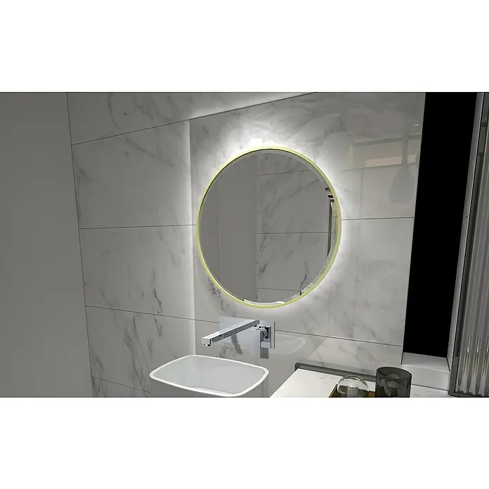 IO Orion Grifo de lavabo - Cromo - Esta imagen muestra un baño moderno con un espejo redondo retroiluminado sobre un lavabo elegante.