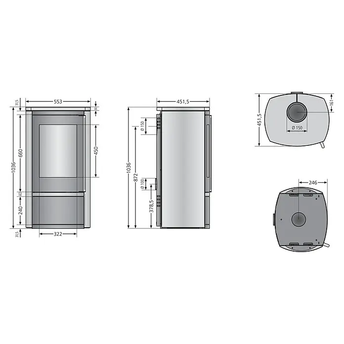 Justus Kaminofen Reno R - 6 kW, Raumheizvermögen: 124 m³, Material Verkleidung: Speckstein, Gussgrau/Speckstein - Produktabbildung: Der Kaminofen mit den detaillierten Abmessungen für einen idealen Einbau und Installation im Wohnbereich.