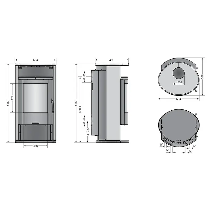 Justus Kaminofen Island Aqua - 10 kW, Raumheizvermögen: 200 m³, Material Verkleidung: Stahl, Gussgrau - Technische Zeichnung eines Kaminofens mit genauen Maßangaben für Front-, Seiten- und Draufsicht.