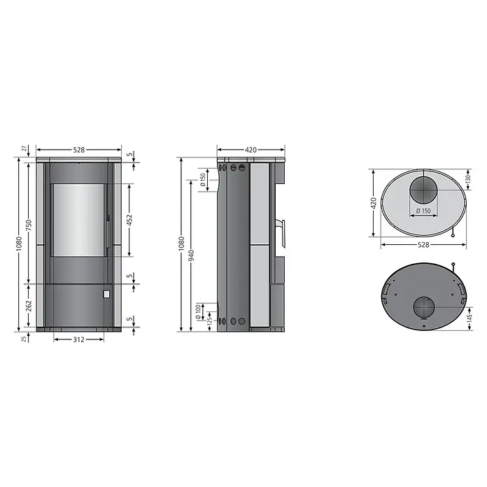 Justus Kaminofen Austin 5 - 5 kW, Raumheizvermögen: 88 m³, Material Verkleidung: Speckstein, Schwarz/Speckstein - Technische Zeichnung eines Kaminofens mit Maßangaben zu Höhe, Breite und Durchmesser für eine detaillierte Produktansicht.