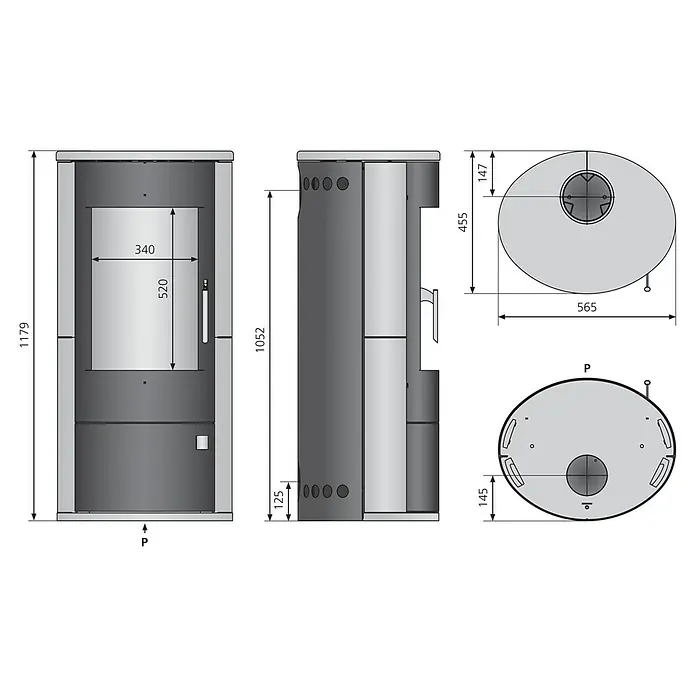 Justus Kaminofen Austin 7 - 7 kW, Raumheizvermögen: 144 m³, Material Verkleidung: Speckstein, Schwarz/Speckstein - Produktansicht des Kaminofens mit Maßangaben für Höhe, Breite und Tiefe. Die Abmessungen des Ofens sind präzise dargestellt.