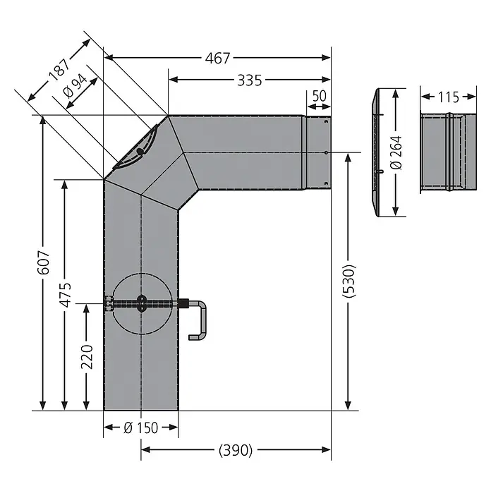 Justus Kaminrohr-Set - Durchmesser: 150 mm, Lackiert, Gussgrau - Eine technische Zeichnung eines barrierefreien Waschtisches mit den Maßen 467 x 630 mm.