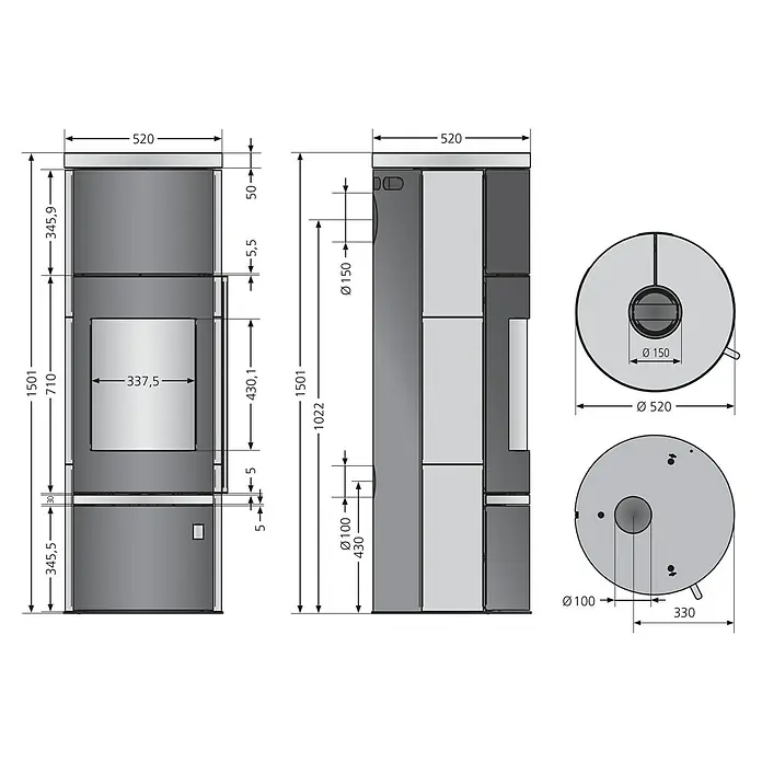 Justus Kaminofen Faro W+ 2.0 - 7 kW, Raumheizvermögen: 144 m³, Verkleidung: Stahl, Schwarz - Produktdiagramm eines Holzofens mit detaillierten Maßen und Ansichten.\n