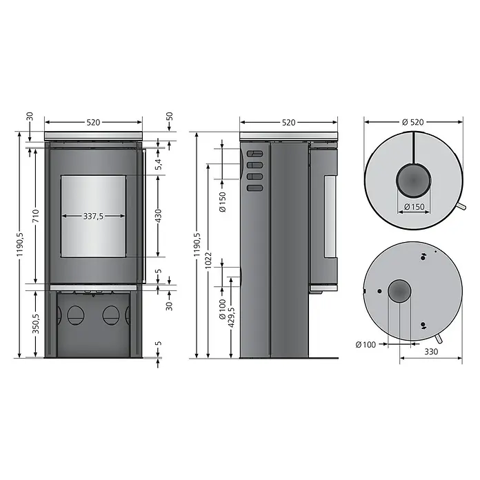 Justus Kaminofen Faro 2.0 - 6 kW, Raumheizvermögen: 115 m³, Verkleidung: Stahl/Sandstein, Schwarz - Abbildung eines Kaminofens mit Maßangaben zu Höhe, Breite und Durchmesser des Rauchrohranschlusses.\n