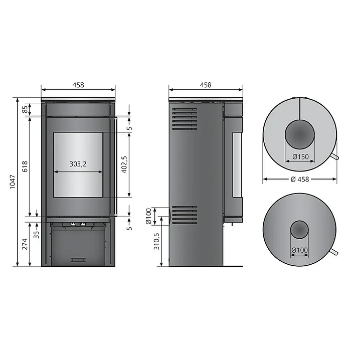 Justus Kaminofen Mino 2.0 - 5,5 kW, Raumheizvermögen: 88 m³, Farbe Verkleidung: Sandstein, Schwarz - Abbildung eines Kaminofens mit Maßen. Schematische Darstellung mit Maßangaben, die die Abmessungen des Ofens zeigen.