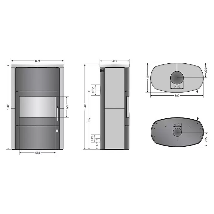 Justus Kaminofen Agero W+ - 7 kW, Raumheizvermögen: 144 m³, Material Verkleidung: Speckstein, Schwarz/Speckstein - Technische Zeichnung eines modernen grauen Ofens mit Vorder-, Seiten-, Ober- und Unteransicht, Maßen und Ø150mm/Ø100mm Rohranschlüssen.