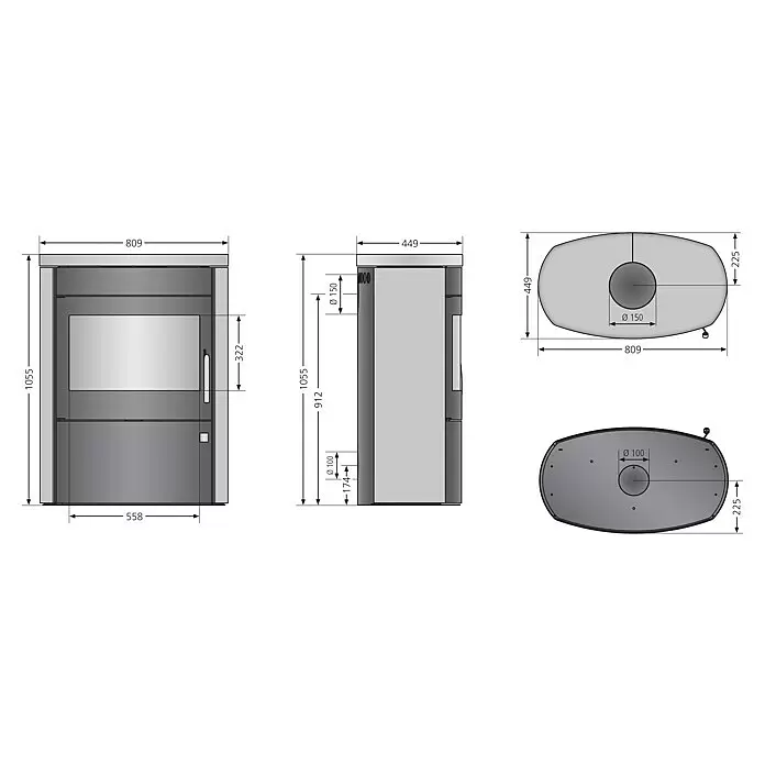 Justus Kaminofen Agero 2.0 - 7 kW, Raumheizvermögen: 144 m³, Material Verkleidung: Stahl, Schwarz - Technisches Datenblatt eines modernen grauen Kaminofens, mit Vorder-, Seiten- und Draufsicht und Maßen.