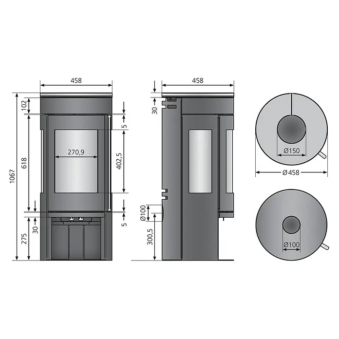 Justus Kaminofen Mino Trios 2.0 - 5,5 kW, Raumheizvermögen: 88 m³, Farbe Verkleidung: Schwarz, Schwarz - Abbildung eines Kaminofens mit Maßangaben, der die Abmessungen und Details des Produkts zeigt.