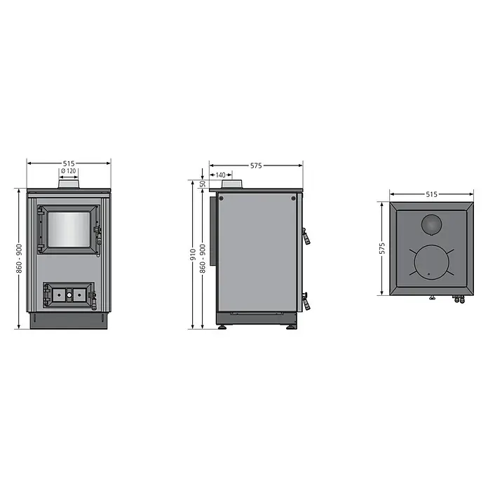 Justus Küchenherd Rustico-50 2.0 - 7 kW, Raumheizvermögen: 144 m³, Bordeaux - Schematische Darstellung eines Kaminofens mit Bemaßungen für Planung und Installation.