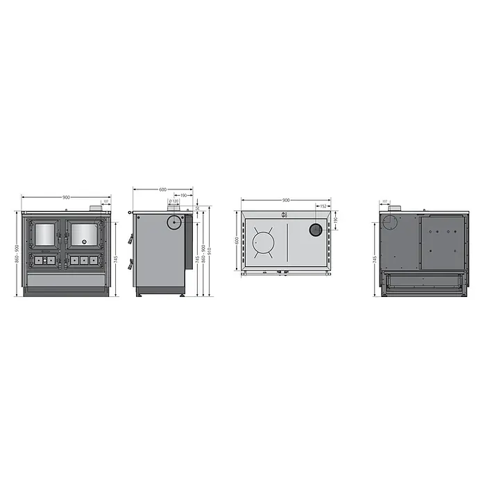 Justus Küchenherd Rustico-90 2.0 - 7 kW, Raumheizvermögen: 144 m³, Backofen rechts, Bordeaux - Ofenillustration mit Maßangaben. Die Zeichnung zeigt die Abmessungen des Ofens aus verschiedenen Perspektiven für technische Zwecke.