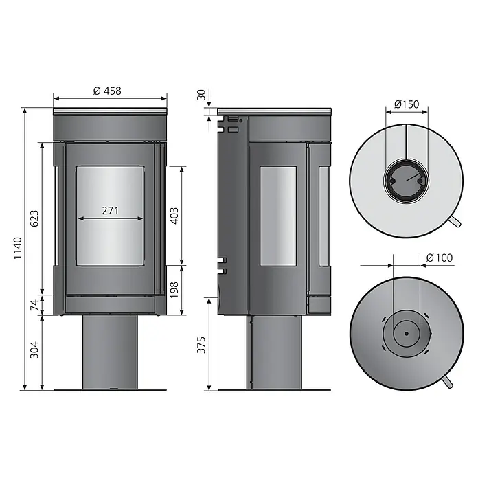 Justus Kaminofen Meva - 5,5 kW, Raumheizvermögen: 88 m³, Farbe Verkleidung: Schwarz, Schwarz - Technische Zeichnung eines Kaminofens mit Maßangaben für Breite, Höhe und Durchmesser. Optimal für Planung und Installation.