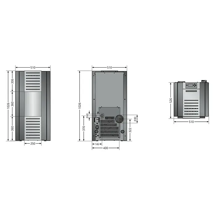 Justus Pelletofen Sirkos 2.0 - 2,5 kW - 6 kW, Raumheizvermögen: 160 m³, Schwarz/Silber - Dreiseitige Ansicht eines Heizgeräts mit Maßangaben. Kompaktes Design und technische Details sind deutlich erkennbar.