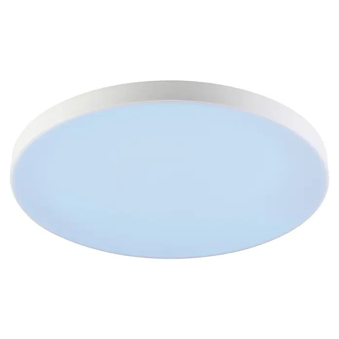 Eglo LED-Panel Turcona-Z - 22,4 W, L x B x H: 45 x 45 x 7,5 cm, Weiß, RGB - Eine Nahaufnahme einer runden LED-Deckenleuchte mit einem weißen Rahmen und einem bläulich-weißen Diffusor, die modernes Design und energieeffiziente Beleuchtung vereint.