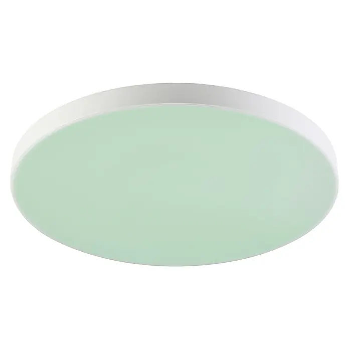 Eglo LED-Panel Turcona-Z - 22,4 W, L x B x H: 45 x 45 x 7,5 cm, Weiß, RGB - Nahaufnahme einer runden, flachen Deckenleuchte mit weißem Rand und mintgrüner Oberfläche.