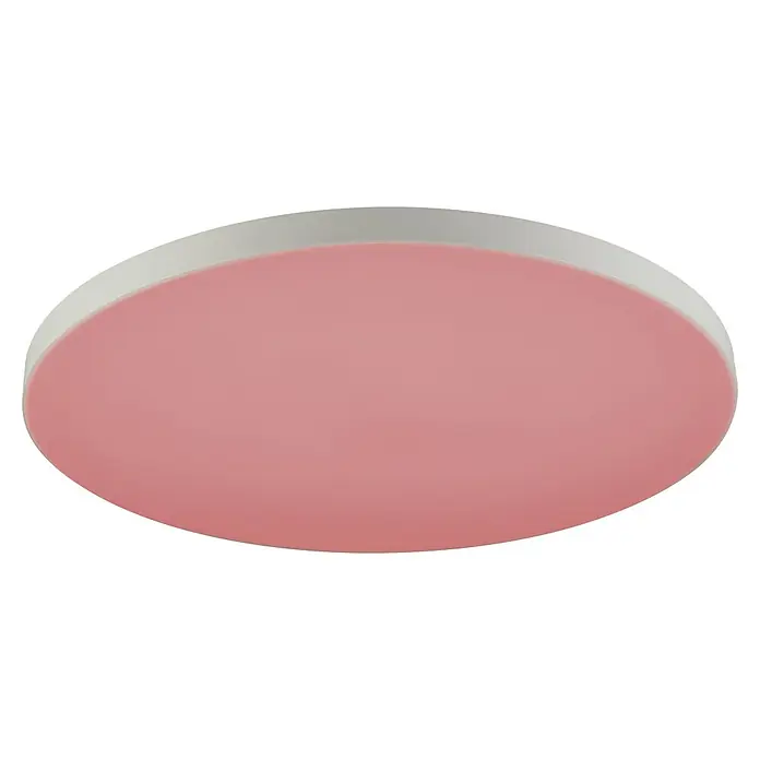 Eglo LED-Panel Turcona-Z - 34,2 W, L x B x H: 60 x 60 x 7,5 cm, Weiß, RGB - Nahaufnahme einer runden, flachen LED-Deckenleuchte in Rosa mit einem schmalen, silbernen Rand vor einem dunklen Hintergrund.