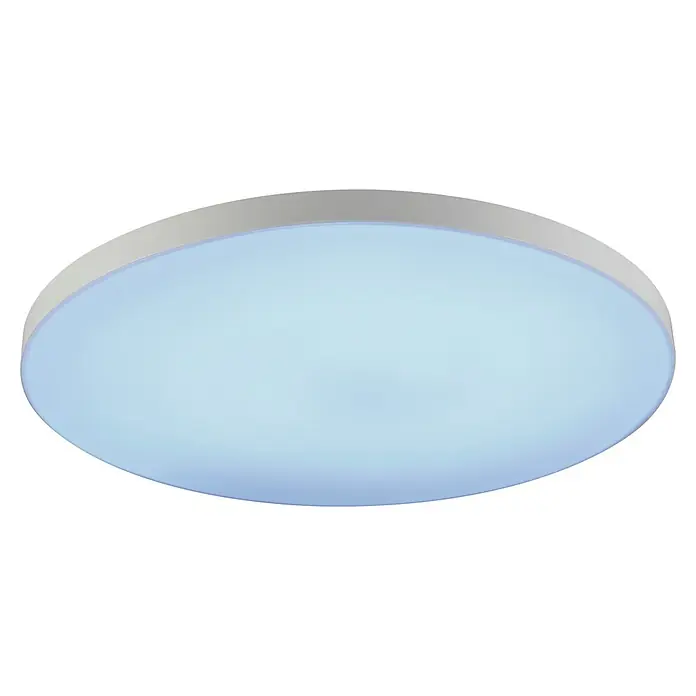 Eglo LED-Panel Turcona-Z - 34,2 W, L x B x H: 60 x 60 x 7,5 cm, Weiß, RGB - Nahaufnahme einer runden LED-Deckenleuchte mit silbernem Rand, die ein sanftes, diffuses blaues Licht ausstrahlt.