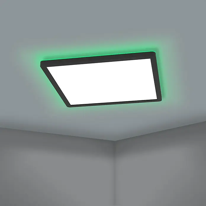 Eglo connect.z LED-Panel ROVITO-Z - 16,5 W, L x B x H: 42 x 42 x 2,5 cm, Schwarz, RGB - Moderne Deckenleuchte mit schwarzem Rahmen und grüner Hintergrundbeleuchtung für eine stimmungsvolle Atmosphäre.