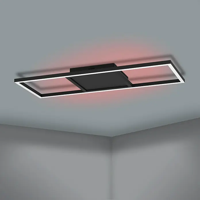 Eglo connect.z LED-Deckenleuchte CALAGRANO - 21 W, 2.600 lm, Lichtfarbe: RGBW - Eine moderne, rechteckige Deckenleuchte in Schwarz und Weiß mit roter Beleuchtung, die einen stilvollen Akzent setzt.