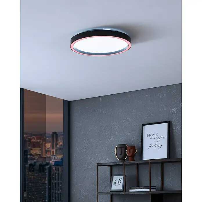 Eglo connect.z LED-Deckenleuchte MONTEMORELOS - 17,8 W, 2.150 lm, Lichtfarbe: RGB - Moderne LED-Deckenleuchte mit schwarzem Rand und roter Akzentbeleuchtung, die ein helles, indirektes Licht erzeugt und für eine angenehme Atmosphäre sorgt.