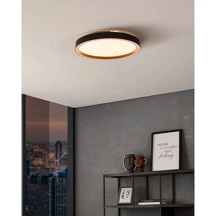 Eglo connect.z LED-Deckenleuchte MONTEMORELOS - 17,8 W, 2.150 lm, Lichtfarbe: RGB - Moderne Deckenleuchte mit runder Form, bestehend aus einem schwarzen Rahmen, einer goldenen Innenseite und einem cremefarbenen Lampenschirm.