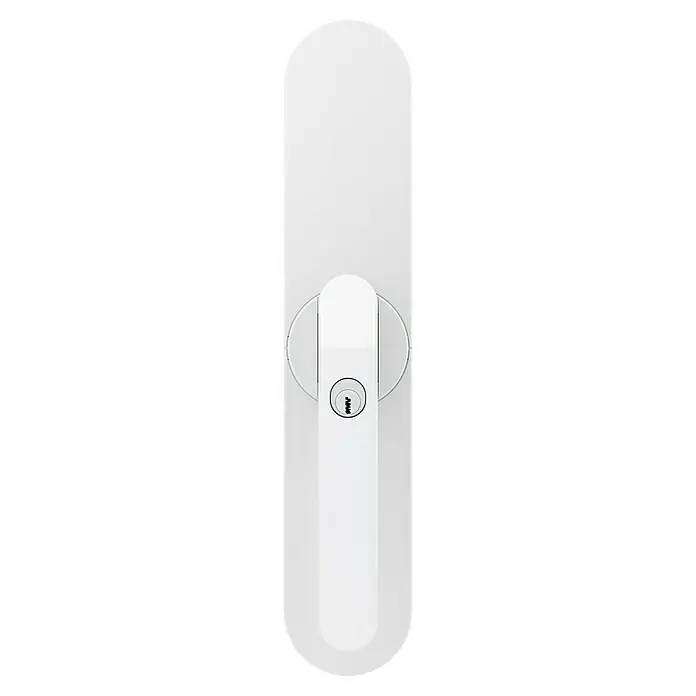 Abus Funk-Türschlossantrieb Wintecto one FCA4100 W - Geeignet für: Fenster, Weiß, Bedienung: Über App - Nahaufnahme eines weißen Fenstergriffs mit Schloss, der Sicherheit und Funktionalität für moderne Fenster bietet.