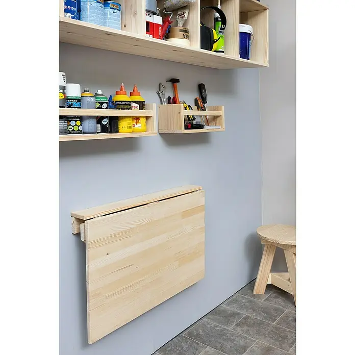 Astigarraga Klapptisch - 53,6 mm x 79,5 mm x 59 cm, Kiefer - Werkstatt mit Holzregalen, klappbarem Tisch und Hocker. Praktische und platzsparende Werkstatteinrichtung für Heimwerker und Handwerker.