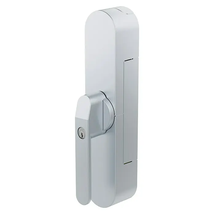 Abus Funk-Türschlossantrieb Wintecto one FCA4100 S - Geeignet für: Fenster, Silber, Bedienung: Über App - Nahaufnahme eines modernen, silberfarbenen Türgriffs mit Schloss, der ein elegantes Design und hohe Funktionalität vereint.