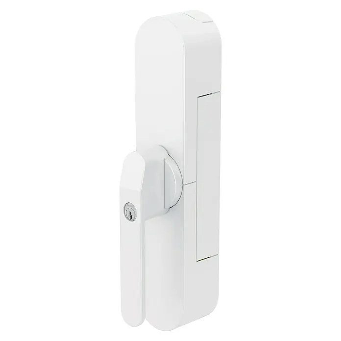 Abus Funk-Türschlossantrieb Wintecto one FCA4100 W - Geeignet für: Fenster, Weiß, Bedienung: Über App - Nahaufnahme eines weißen Türgriffs mit Schlossmechanismus und Griffmulde. Der Griff ist modern und minimalistisch gestaltet.