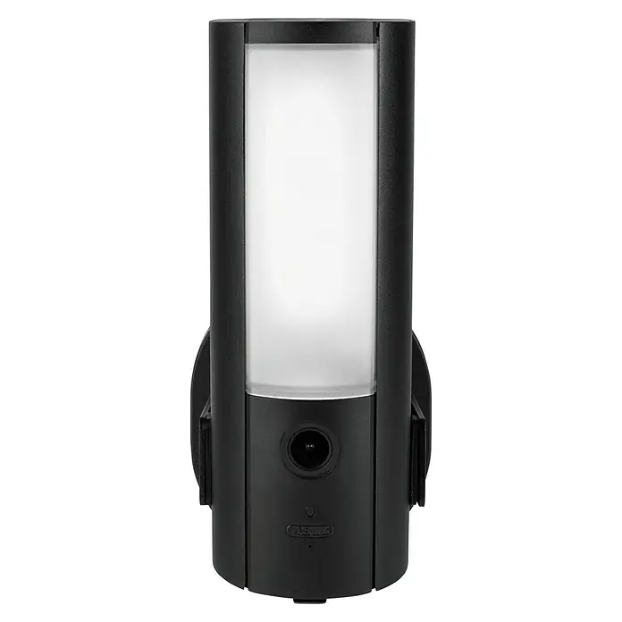 Abus Überwachungskamera PPIC46520 BK - IP66 - Nahaufnahme einer schwarzen smarten Außenleuchte mit Kamera und Bewegungssensor.