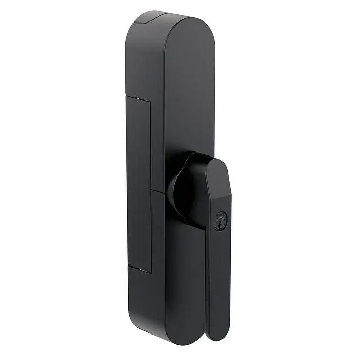 Abus Funk-Türschlossantrieb Wintecto one FCA4100 BK - Geeignet für: Fenster, Schwarz, Bedienung: Über App - Nahaufnahme eines schwarzen Fenstergriffs mit Schloss. Der Fenstergriff ist modern und elegant gestaltet.