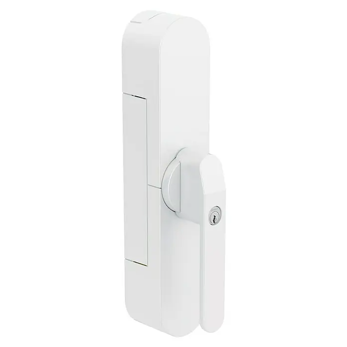 Abus Funk-Türschlossantrieb Wintecto one FCA4100 W - Geeignet für: Fenster, Weiß, Bedienung: Über App - Nahaufnahme eines weißen Türgriffs mit Schloss, modernes Design für Sicherheit und stilvolle Optik.