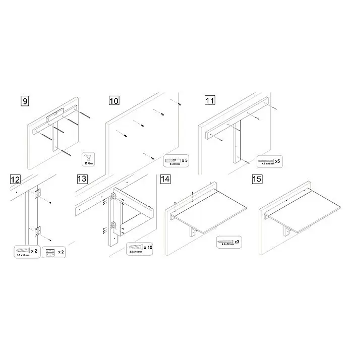 Astigarraga Klapptisch - 53,6 mm x 79,5 mm x 59 cm, Kiefer - Montageanleitung (Schritte 9-15) für ein wandmontiertes Klappregal, zeigt Halterungsmontage und Hardware.