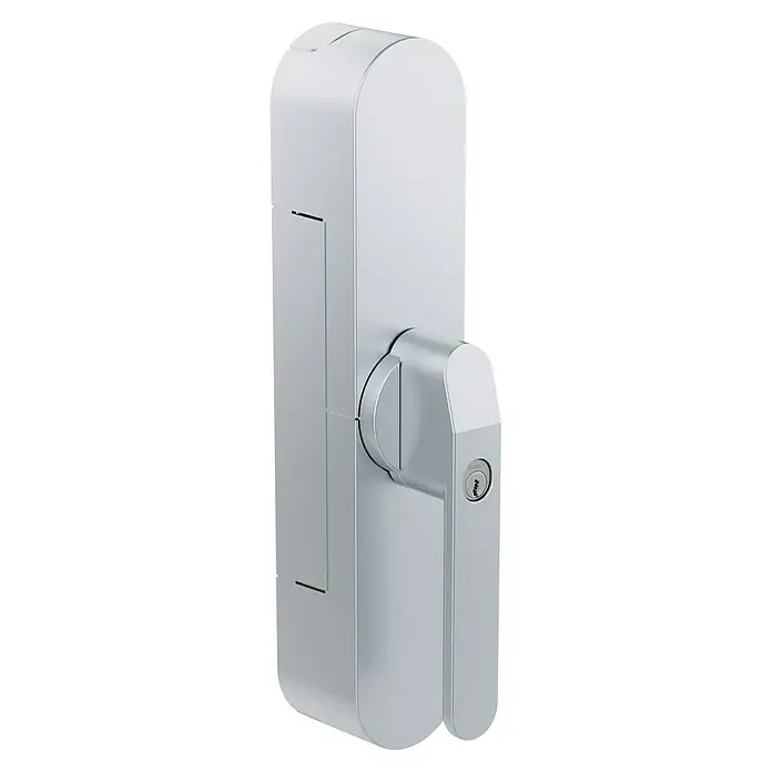 Abus Funk-Türschlossantrieb Wintecto one FCA4100 S - Geeignet für: Fenster, Silber, Bedienung: Über App - Nahaufnahme einer länglichen, silberfarbenen Türverriegelung mit Griff und Schlüsselloch auf schwarzem Hintergrund.