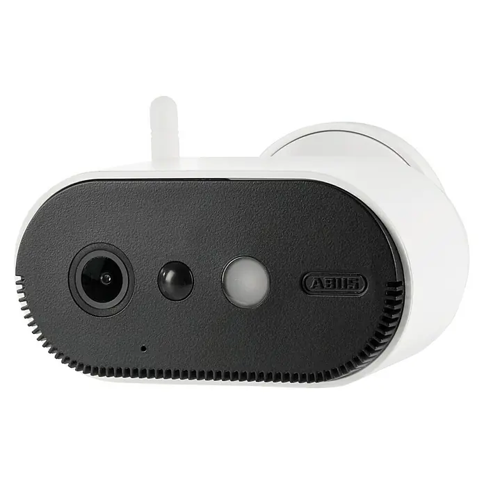Abus Akku-Überwachungskamera PPIC91520 W PRO - Weiß - Nahaufnahme einer ABUS Überwachungskamera mit einer Antenne auf einem schwarzen Hintergrund.