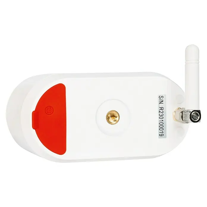 Abus Akku-Überwachungskamera PPIC91520 W PRO - Weiß - Produktansicht des Gerätes. Der weiße Sensor hat einen roten Knopf, eine Antenne und eine goldene Stativschraube.
