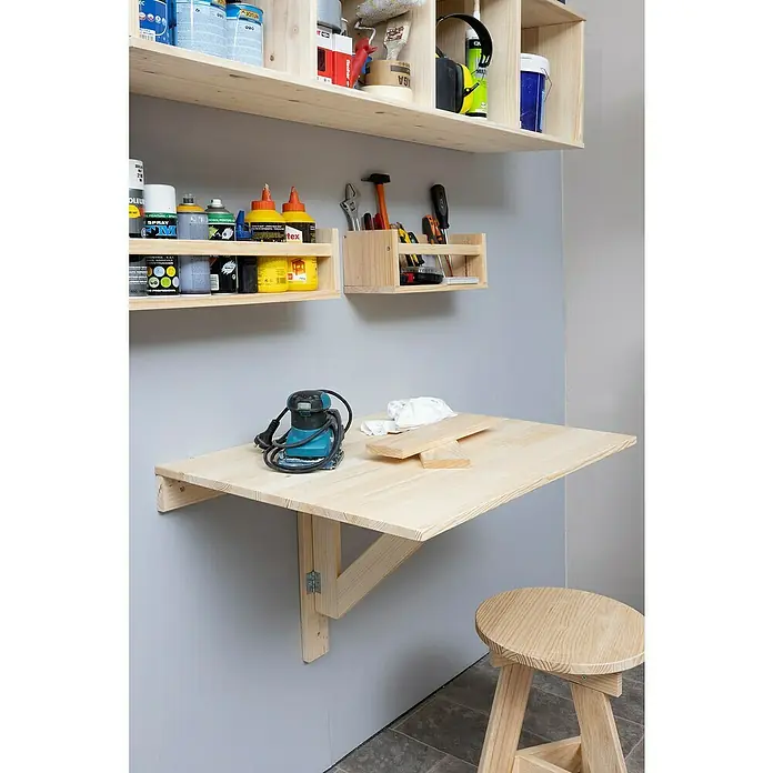 Astigarraga Klapptisch - 53,6 mm x 79,5 mm x 59 cm, Kiefer - Werkstatteinrichtung mit Klapptisch, Regalen und Werkzeugaufbewahrung für einen organisierten Arbeitsbereich.