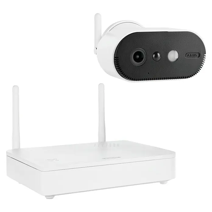 Abus Akku-Überwachungskamera-Set PPIC91000 W PRO - Weiß - Ein ABUS Überwachungskamera-Set in Weiß, bestehend aus einer Kamera mit Antenne und einer Basisstation mit zwei Antennen.