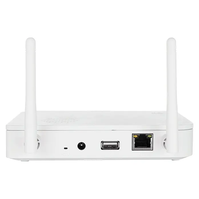 Abus Akku-Überwachungskamera-Set PPIC91000 W PRO - Weiß - Rückseite eines weißen D-Link WLAN-Routers mit Antennen, Stromanschluss, USB- und Ethernet-Ports für Netzwerkverbindungen.