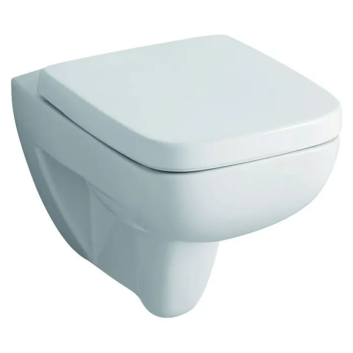 Geberit Renova Plan Wand-WC - Mit Spülrand, Mit schmutzabweisender Glasur, Spülform: Tief, WC Abgang: Waagerecht, Weiß - Das Bild zeigt eine moderne, wandhängende Toilette in Weiß, die ein stilvolles und platzsparendes Design für jedes Badezimmer bietet.