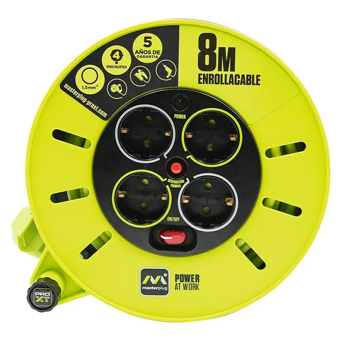 Luceco Enrollacables PRO-XT - Plástico, 8 m, H05VV-F - Enrollacables amarillo Masterplug con 4 enchufes, 8 metros de cable y protección contra sobrecalentamiento para un uso seguro en casa y jardín.