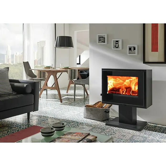 Panadero Kaminofen Atlantic 3V - 5,9 kW, Raumheizvermögen: 180 m³, Material Verkleidung: Stahl, Schwarz Metallic - Kaminofen mit Glasfront, der ein warmes und gemütliches Ambiente schafft. Ideal für moderne Wohnräume mit stilvollem Design.
