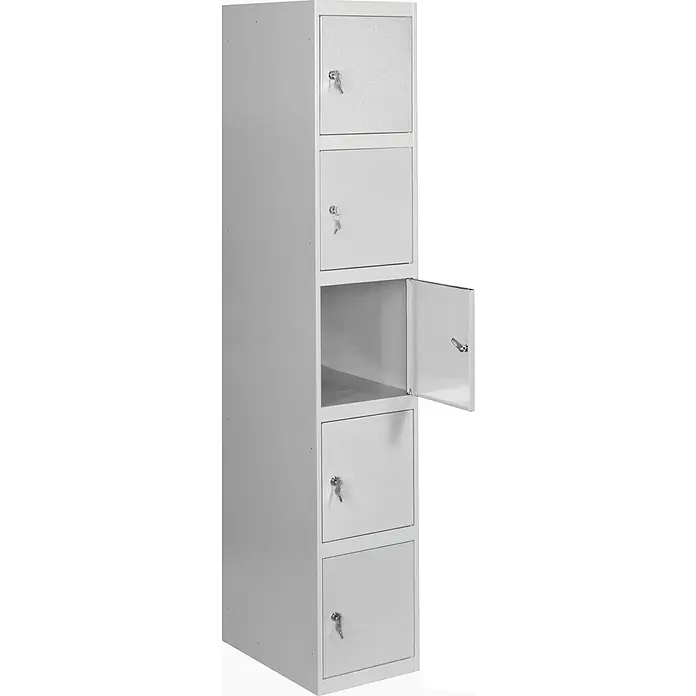Simonrack Simonlocker Taquilla locker Prof. Inicial Desmontada - L x An x Pr: 50 x 40 x 50 cm, Gris/Gris, Número de puertas: 5 ud. - Un armario delgado y gris con cinco compartimentos, uno de los cuales está abierto y los demás cerrados.
