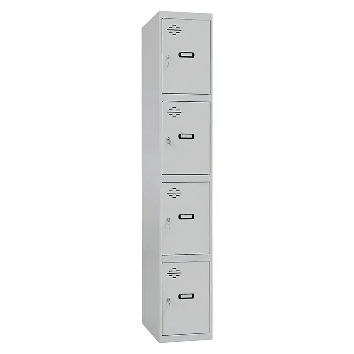 Simonrack Simonlocker Taquilla locker Prof. Inicial Desmontada - L x An x Pr: 50 x 40 x 50 cm, Gris/Gris, Número de puertas: 4 ud. - Un armario gris con cuatro compartimentos y cerraduras, ideal para escuelas o vestuarios, que ofrece un almacenamiento seguro para objetos personales.