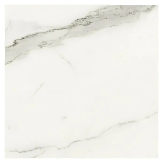Feinsteinzeugfliese Torino Bianco - 60 x 60 cm, Weiß/Grau, Glänzend - Nahaufnahme einer weißen Marmorfliese mit feinen grauen Adern, die ein elegantes und modernes Design für jeden Raum bietet.