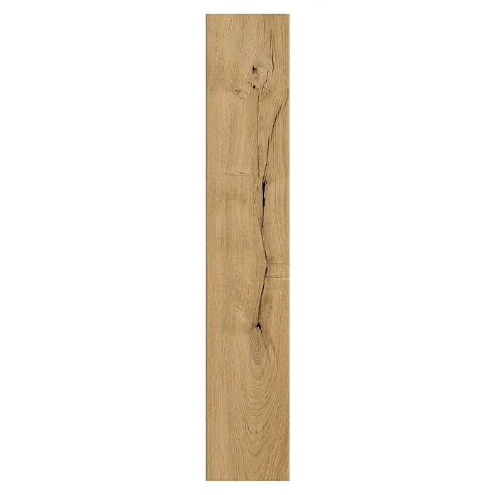 Krono Original Laminatmuster Organic Veneer Parquet Wildeiche braun - 297 x 244 x 8,5 mm, Landhausdiele, Wildeiche braun - Hochformatiges Bild einer naturbelassenen Holzplanke mit markanter Maserung und Astlöchern. Ideal für rustikale Designs.