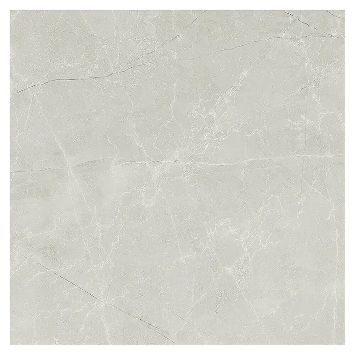 Feinsteinzeugfliese Bayona Silver - 60 x 60 cm, Grau, Glänzend - Detailaufnahme einer grauen Marmorfliese mit feinen, weißen Adern für moderne Wohnräume und stilvolle Akzente.